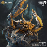 3D-printed gray resin miniature of a giant Bladeclaw Crab creature with sharp claws, posed on a detailed rock terrain base.
