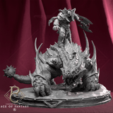 Orc warrior riding a spiked armored beast with a mace tail, high-detail grey resin miniature.