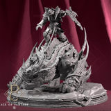 Side profile of a fantasy orc rider wielding an axe atop a large armored monster