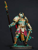 Painted version of the Storm Soldier knight miniature with gold and steel armor detail