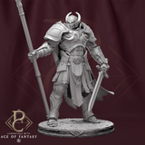 Close-up perspective of the unpainted resin knight miniature showing intricate armor textures