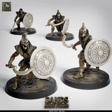 Four views of an undead skeletal soldier equipped with a curved blade and round shield.