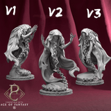 Digital render of three variants of a chained hooded figure miniature.