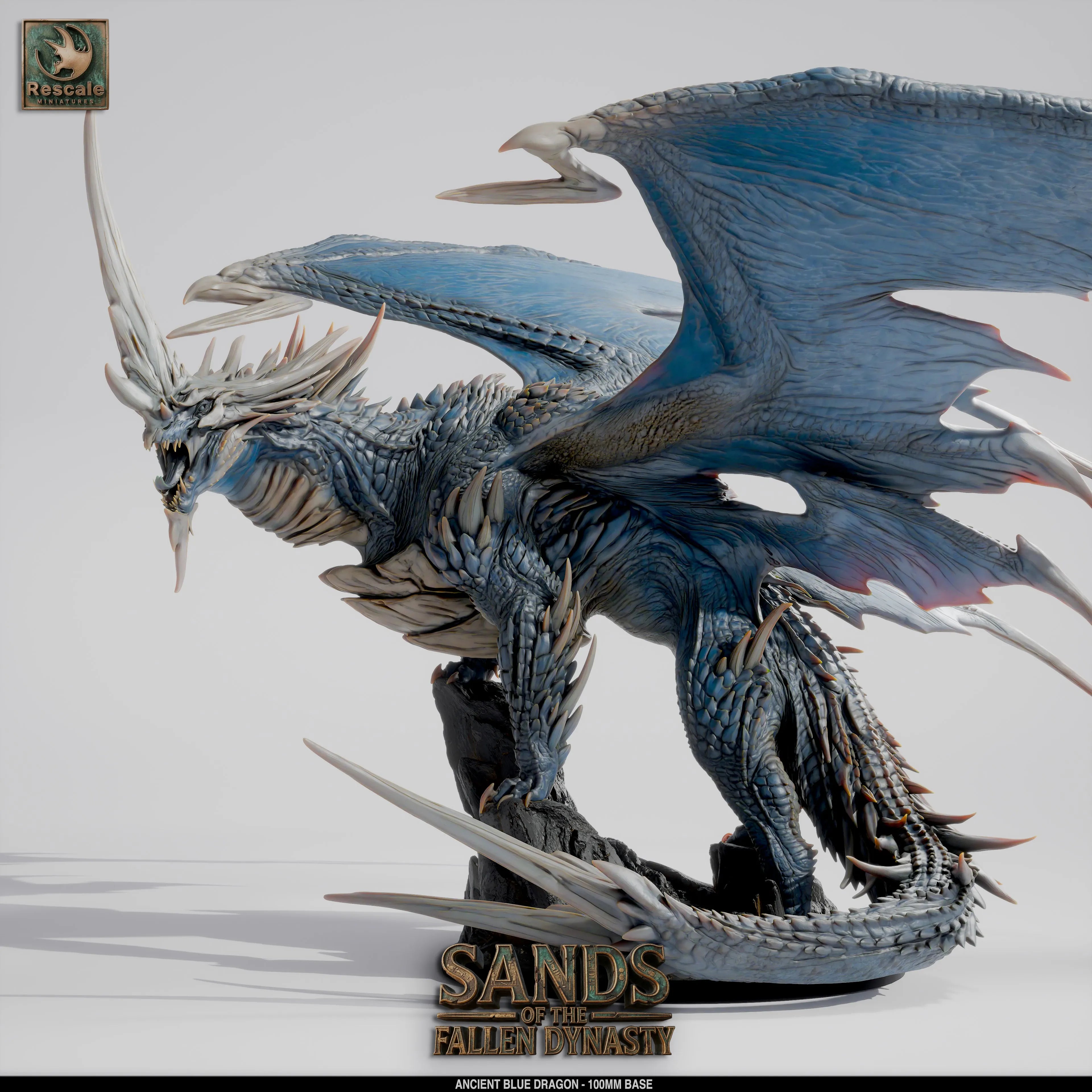 Ancient Blue Dragon miniature for tabletop gaming, detailed blue-scaled dragon figure by Qumi Rescale Miniatures for RPGs and wargaming.