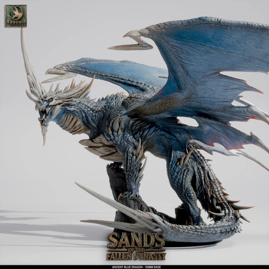 Ancient Blue Dragon miniature for tabletop gaming, detailed blue-scaled dragon figure by Qumi Rescale Miniatures for RPGs and wargaming.