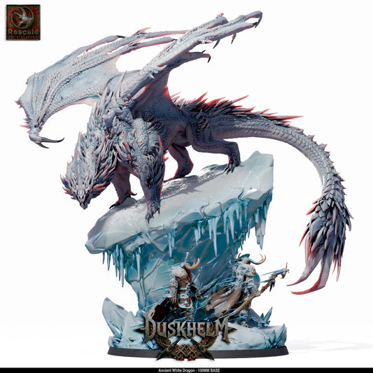 Bemalte Miniatur eines Alten Weißen Drachen auf einem felsigen Eis-Base