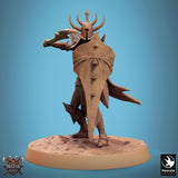 Velatrix miniature holding a spear-like weapon, angled view showing the tall, ridged helmet.