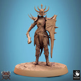 Frontal view of the Velatrix miniature featuring a horned helmet, spiked shield, and raised sword.