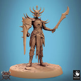 Back profile of the Velatrix miniature displaying the layered armor and large spiked shield.