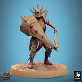 Dynamic pose of the Velatrix miniature with outstretched arm and sword pointed forward.