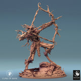 Detailed front view of a wood-themed fey archer miniature with a drawn bow and arrow