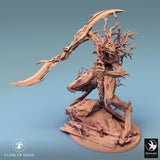 Tree monster miniature, front-left angle, arm raised with wooden blade.