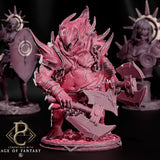 Resin 3D-printed Goremantle Corrupted Axe Fighter miniature posed with dual axes on a circular base.