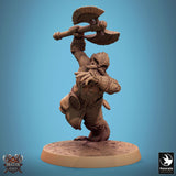Dynamic dwarf warrior miniature swinging a large axe high over his head, side profile view.