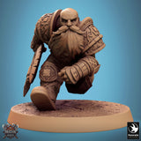 Close-up of a stoic dwarf warrior miniature looking forward with intricate armor detailing.