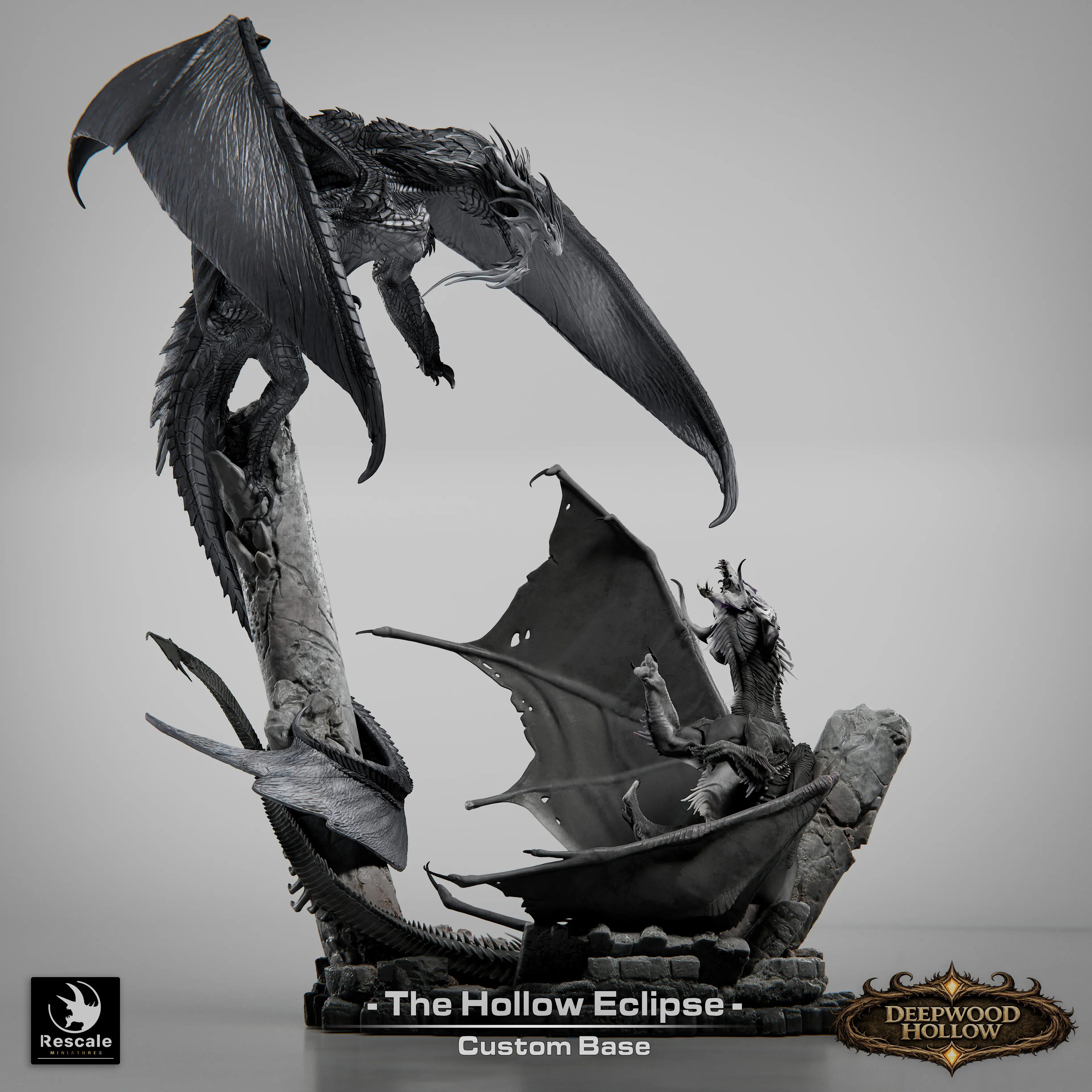 Detailed view of Battle of Dragons diorama featuring Qumi's Hollow Eclipse miniatures for tabletop wargaming and RPG settings.