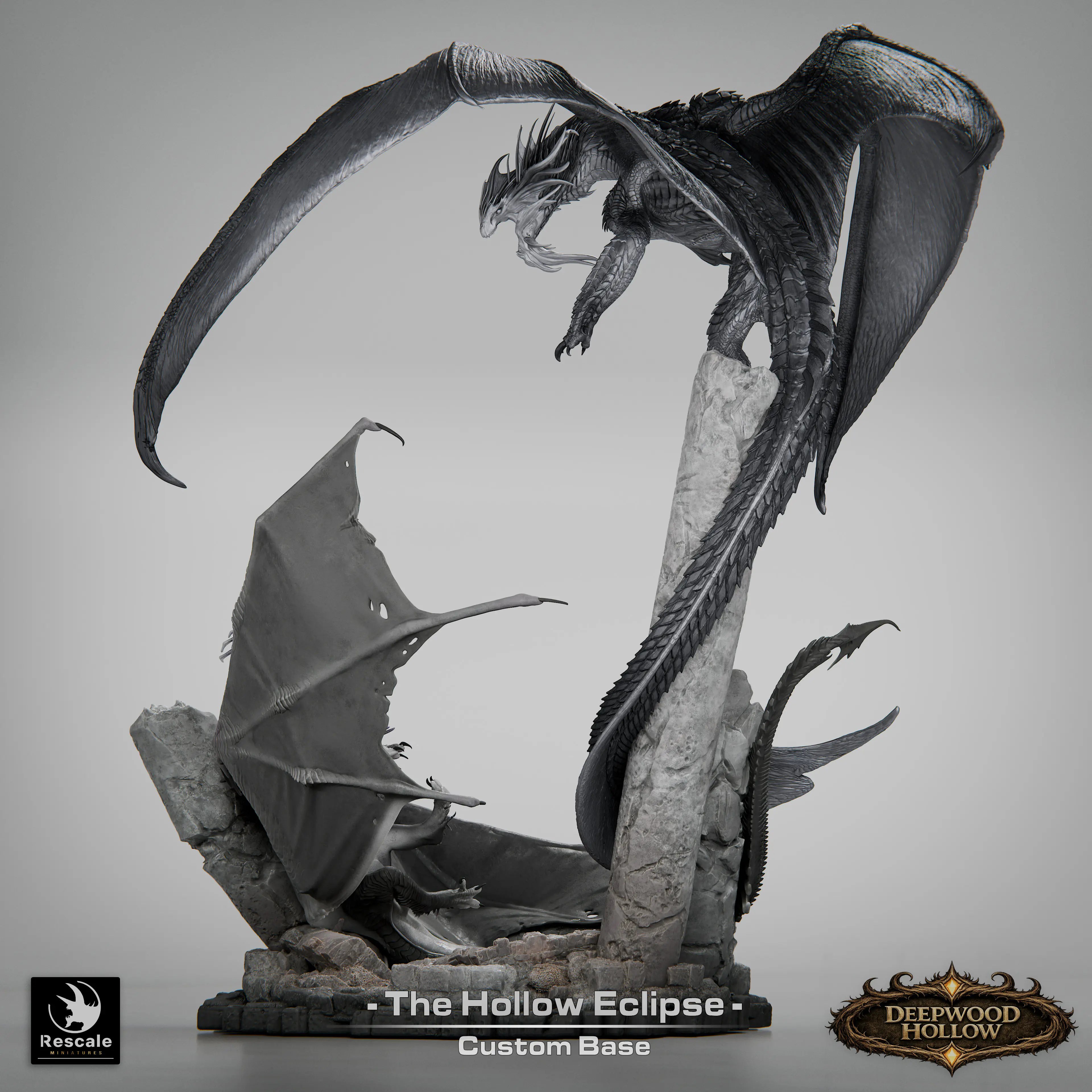 Detailed Battle of Dragons diorama featuring Qumi Hollow Eclipse miniatures for tabletop wargaming and RPG battles.