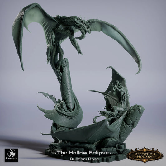 Detailed miniature diorama of dragons for tabletop gaming by Quality Miniatures, featuring The Hollow Eclipse scene with Qumi rescale miniatures.