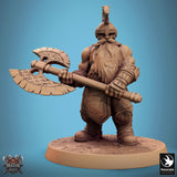 Dwarf warrior in helmet holding a large battle axe, viewed from the side.