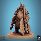 Bare-headed dwarf warrior standing with an axe held low in his right hand.