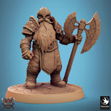 Dwarf warrior in full armor holding two small axes, front view.