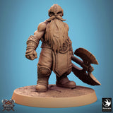 Dwarf warrior in a dynamic lunging pose with two axes, side angle.