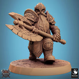 Dwarf warrior kneeling with a large battle axe, low angle view.