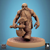 Dwarf warrior in full armor walking forward, holding two axes down.