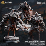 Three Blighted Knight miniatures in dynamic poses with swords and shields, set against a dark, moody background.