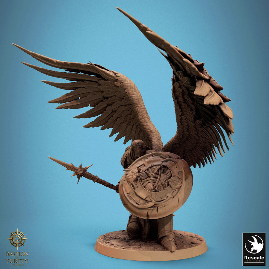 Side view of the winged fighter miniature showing detailed shield and spear