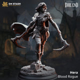 3D-printed Hera Blood Rogue miniature holding dual crescent blades on a stone base