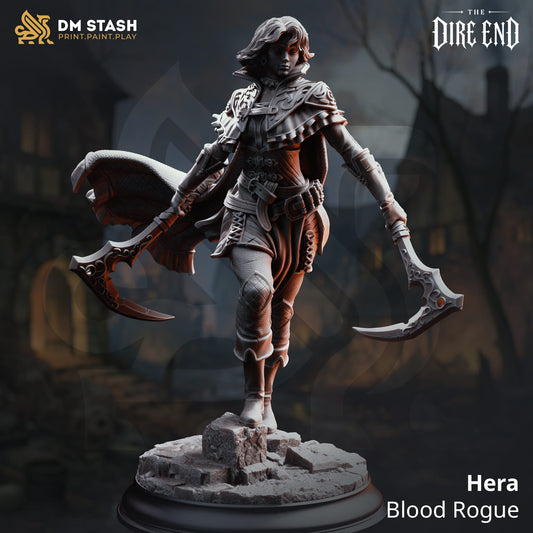 3D-printed Hera Blood Rogue miniature holding dual crescent blades on a stone base