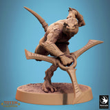 Dynamic side view of a 32mm resin lizardman rogue holding a boomerang