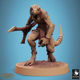 Rogue lizardman miniature holding a large serrated club, dynamic low crouch pose on a round base.