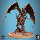 Front view of a winged cambion archer with a tail, screaming in a dynamic combat pose.