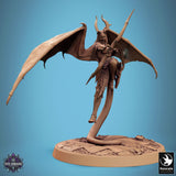Winged cambion archer aiming her bow, shown from a low angle on a circular stone base.