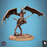 Dynamic side view of a winged cambion archer with a tail, captured mid-air on a stone base.