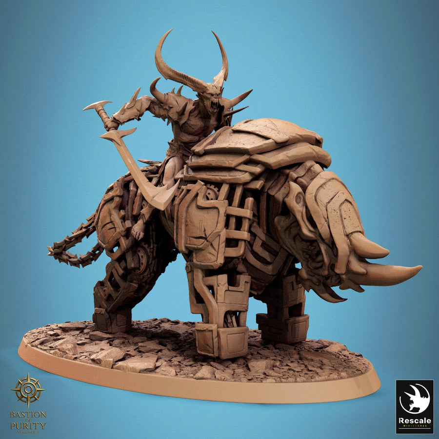 Side profile view of the Iron Hell Rider miniature with armored rider on a mechanical beast