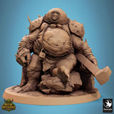 Resin Gutspawn monster miniature in a seated pose holding a large weapon