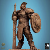 3D-printed leonin fighter holding a large sword and shield in a defensive posture