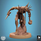 Savage ghoul creature holding a skull on a spine, low crouched pose on a rocky base.