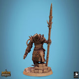 Rat folk warrior with a long spear and heavy firearm, crouching on a stone base