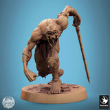 Undead ghoul warrior with long hair, holding a large polearm axe, frontal view.