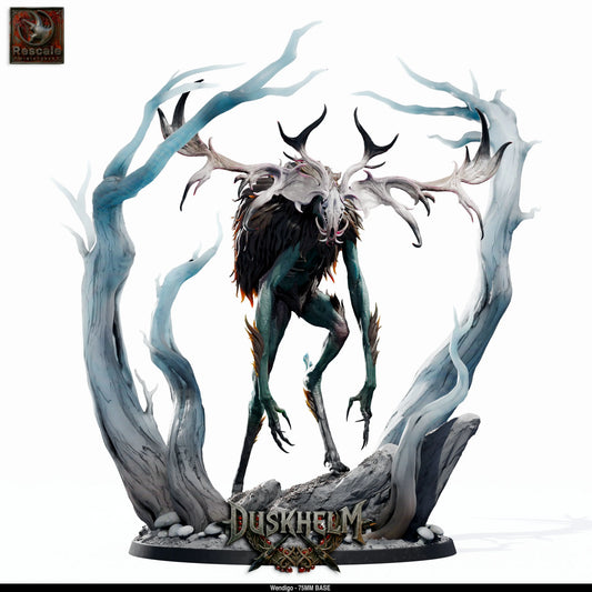 Front view of a 3D-printed Wendigo creature miniature standing on a 75mm base.