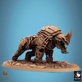 Front-angle view of the mechanical beast creature showing its jagged horn and armor plates