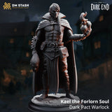 Kael the Forlorn Soul warlock miniature holding a flaming spell and a severed head, 32mm resin tabletop figure.