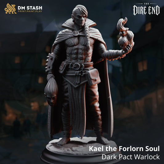 Kael the Forlorn Soul warlock miniature holding a flaming spell and a severed head, 32mm resin tabletop figure.
