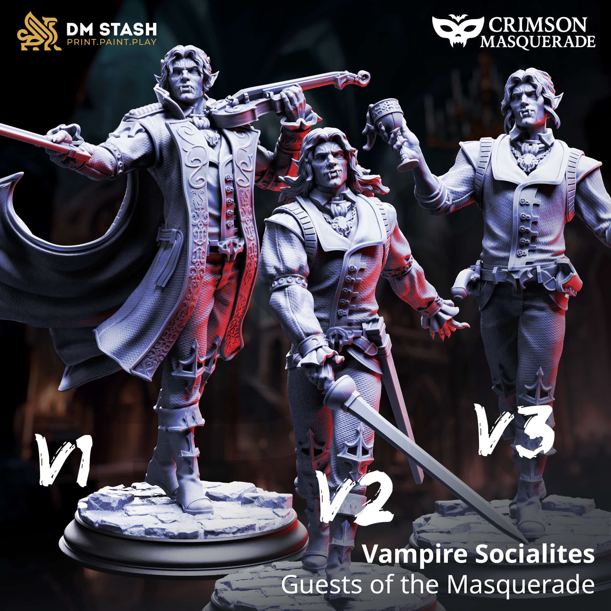 Three Vampire Socialites figurines from 'Guests of the Masquerade' with 'DM Stash' and 'Crimson Masquerade' branding.