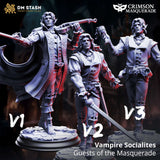 Drei detaillierte Vampir-Aristokraten Miniaturen aus Resin, in Posen mit Violine, Schwert und Kelch dargestellt.