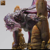 Angled shot highlighting the texture of the dragon scales and claws gripping the rock formation